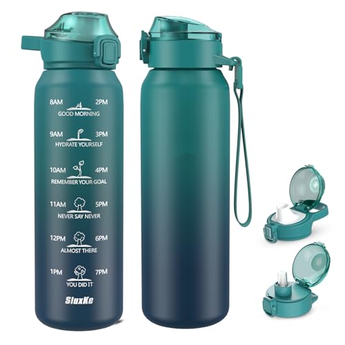 SLUXKE Isolierte Wasserflasche mit Griff, 1000 ml Edelstahl-Wasserflasche, doppelwandig, auslaufsicher, wiederverwendbare Metallflasche, hält kalt und heiß, für Männer, Frauen und Kinder, Blau