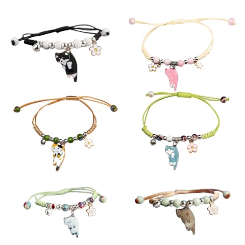 Pingyongchang 6Pcs Cute Animal Cat String Rope Braided Bracelet for Women Lovely Cartoon Kitten Flower Handmade Adjustable Bracelet Animals Cat Lover Friendship Jewelry Birthday Gifts
