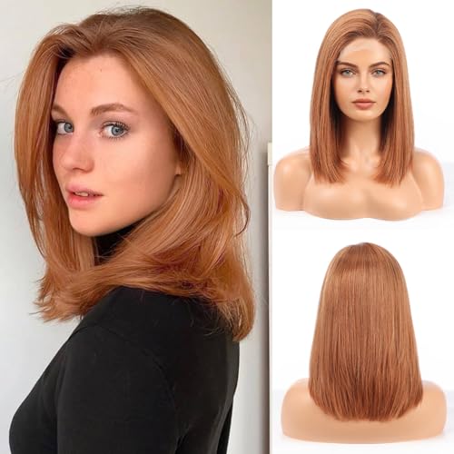 Image of Orange Wig Human Hair Pre Plucked Straight Short Bob Wigs 5x6 UHD Lace Front Wigs Remy Real Human Hair for Women 14Inch