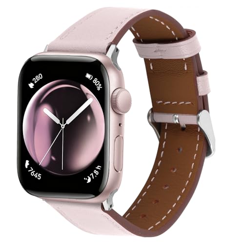 Image of Italy Genuine Women Men Leather Band Compatible with Apple Watch 38mm 41mm 40mm 42mm, Smartwatch Replacement Straps for iWatch Series 12 11 10 9 8 7 6 5 4 3 2 1, SE/SE2/SE3, Pink