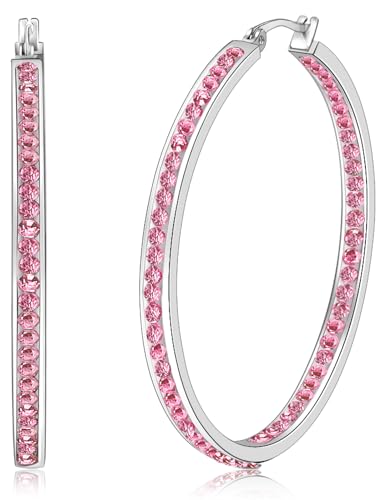 Pink Hoop Earrings, Large Rhinestone Earrings ARSKRO 2 Inch 50mm Big Hypoallergenic Stainless Steel Crystal Trendy Fashion Jewelry Gifts for Women Ladies Sensitive Ears