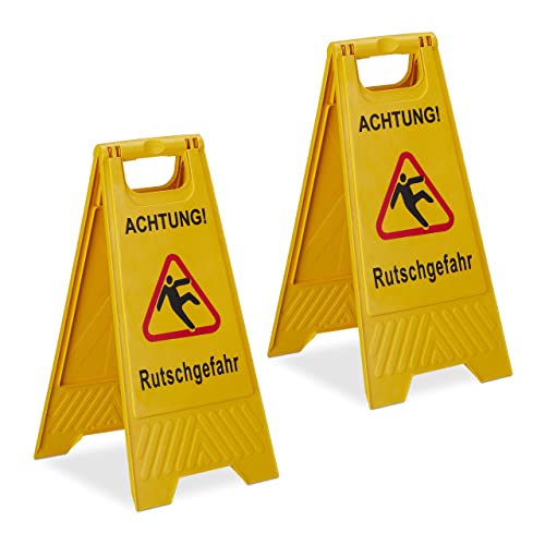 Relaxdays Rutschgefahr Aufsteller 2er Set klappbar beidseitig beschriftet Kunststoff Warnschild vor Glätte gelb