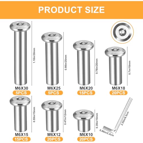 Hülsenmutter M6, 100 Stück Hülsenmuttern, Innensechskant Muttern, Möbel Sechskantmuttern zum Verbinden von Möbeln, Sofas, Stahl Vernickelt (M6)