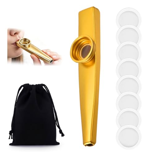 BIKPRST 1 Kazoo Doré En Alliage D'Aluminium Avec 8 Membranes De Remplacement Et 1 Sac De Rangement, Facile À Jouer Pour Débutants, Portable, Pour Pratique Musicale, Divertissement, Détente