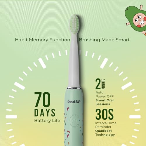 Image of beatXP Jiggle Sonic Electric Toothbrush for Kids with 2 Brush Heads & 3 Cleaning Modes | Rechargeable Electric Toothbrush | 20500 strokes /min with Long Battery Life (Leafy Green)