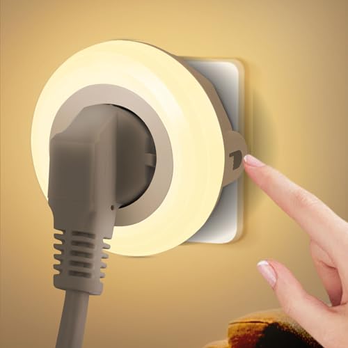 Aigostar Luz Nocturna con Enchufe y Toma de Corriente, 3 Colores Luz Noche con Sensor de Luz y Control Táctil para Dormitorio, Pasillo, Cocina, Escaleras y Baño