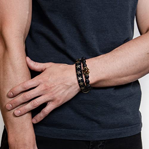 Tempbeau Star Leather Cuff Mens Bracelet - Crown Tiger Eye Stone Beads Black Agate Bracelet, Punk Vintage Wrap Leather Buckle, Adjustable Women Bracelet Gifts #TOP2