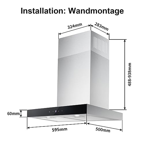 TopStrong Dunstabzugshaube 60cm, abzugshaube Umluft/Abluft, Dunstabzug mit 700 m³/h Luftstrom,Dunstabzug 60cm Edelstahl, 9 Stufen Soft Touch Steuerund, 2W LED-Licht