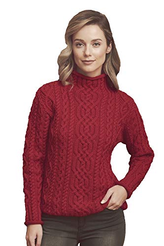 Aran Crafts Women's Traditional Irish Knit Funnel Neck Sweater (C4863-LG-RED)