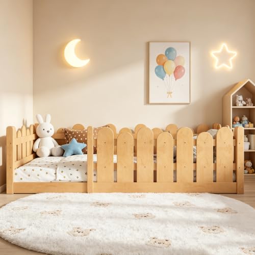 Image of Bellemave Twin Size Kids Montessori Floor Bed,Floor Bed Frame with Rounded Safety Guardrail,Solid Wood Montessori Bed for Girls Boys,Natural