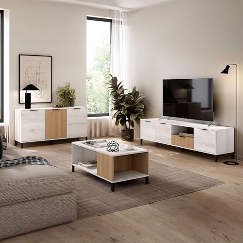 Miroytengo Conjunto de Muebles de Salón Comedor Tokio Estilo Nórdico en Color Blanco Albo y Roble Rayado (Aparador + Mesa de Centro + Mueble de TV)