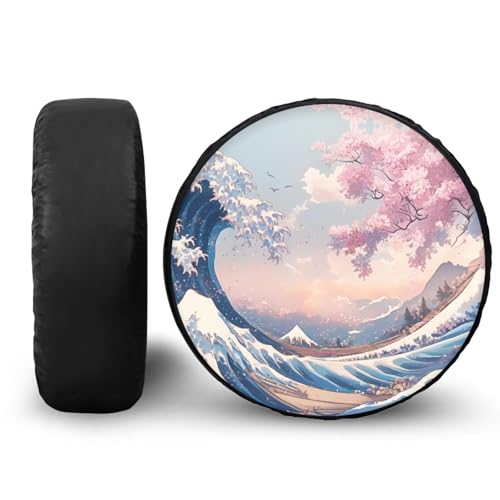 Image of Spare Tire Cover PU Leather, Weatherproof Wheel Cover with Ukiyo-e Print Waterproof Dust-Proof Universal for Jeep Trailer RV SUV Camper Vehicle 17-Inch Fits Tire Diameter 31.6 inch-32.5 inch