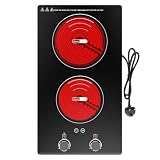 VBGK Double Ceramic Hob, 3000W Double Electric Hob with Knob, Ceramic Hob with Safety Lock & Timer, 9 Power Levels, 2 Ring Electric Hob Plug in 220V-240V