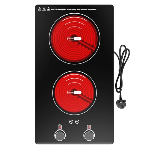 VBGK Double Ceramic Hob, 3000W Double Electric Hob with Knob, Ceramic Hob with Safety Lock & Timer, 9 Power Levels, 2 Ring Electric Hob Plug in 220V-240V