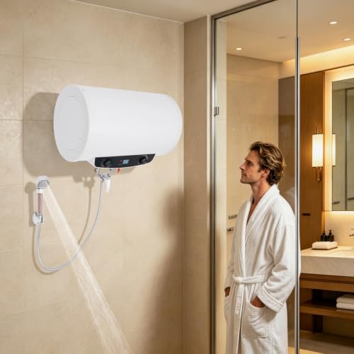 35L Elektrischer Warmwasserbereiter, 2000W Boiler Wandmontage, Warmwasserspeicher mit LED- Anzeige, 3 Heizstufen (35- 75°C), IPX4, Edelstahl- Innentank, Duschkopf, für Bad, Wohnung, Salon, H-2