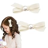 2Pcs Pearl Hair Bow Clips for Girls Small White Hair Bows for Women Stylish Pearl Hair Barrettes for Little Girls Aesthetic Hair Ribbons for Toddlers Mini Hair Clips for Hair Accessories for Teens
