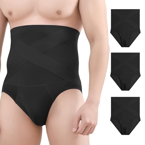Men’s Tummy Control Shapewear Compression Shorts Stretchable Underwear Soft Breathable Comfortable 3Pcs (BLACK)