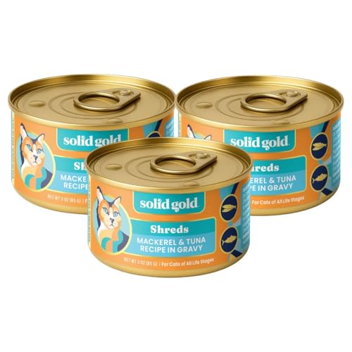 Image of Solid Gold Five Oceans Wet Cat Food Shreds in Gravy - 3 Count Sample Pack - Real Tuna & Mackerel Cat Food for All Ages - Grain Free, Sensitive Stomach