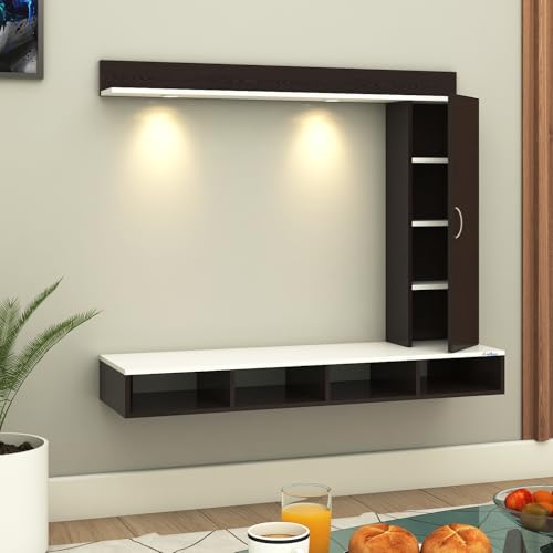 Image of Anikaa Dorex Engineered Wood Wall Mounted TV Unit with LED Lights, Storage Cabinet & Display Shelf for Living Room | Ideal for Upto 43 Inch TV- Wenge /White(DIY Installation)