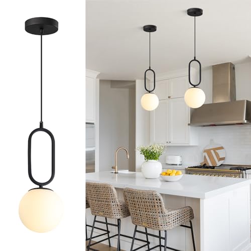 Image of Modern Black Pendant Lights Mid Century White Glass Hanging Light Fixture Retro Industrial Pendant Lamp Vintage Pendant Light for Kitchen Living Dining Room