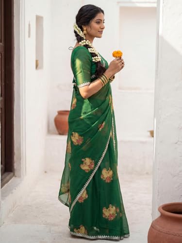 Image of AKHILAM Women's Chiffon Ethnic Motif Print Zari Border Saree With Unstitched Blouse Piece (KNIKA2001 AI Parent)