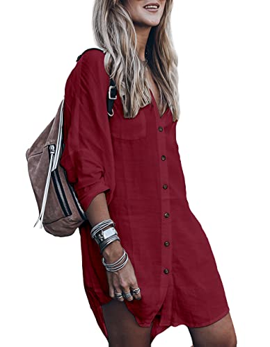 Image of Women's Swimsuit Cover up,Silky Button Down Shirt Midi Dress Kimono,Summer Bathing Suit Beach Coverups for Women (CP-Aline)