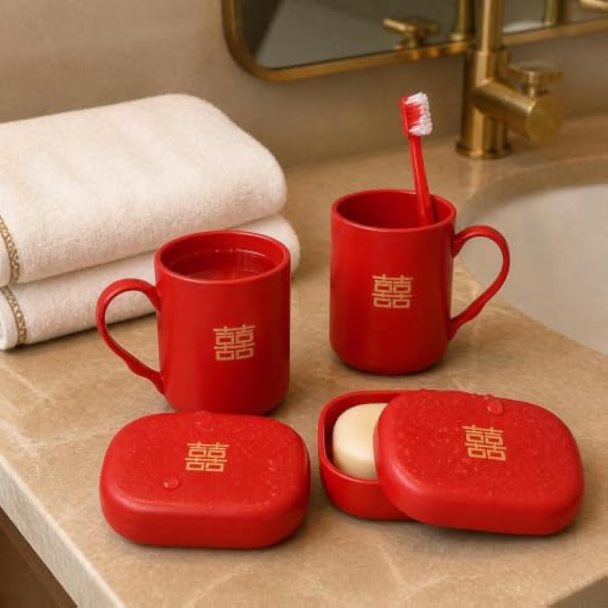 Wedding Bathroom Set with Double Happiness Cups & Toothbrush Holders
