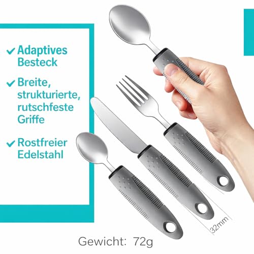 4 Teiliges Easy Grip Besteck, Senioren Besteck für Behinderte,Parkinson Rutschfeste Griffe ür Behinderte Menschen Parkinson Patienten Ältere Arthritis (Grau)1