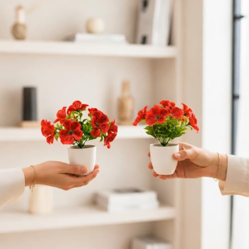 Image of fancymart Artificial Real Touch Flower Plant with Pot (Pack of 2), 16 cm Height, Decorative Faux Floral Plant for Home, Office, Living Room, Bedroom, Table & Shelf Decor