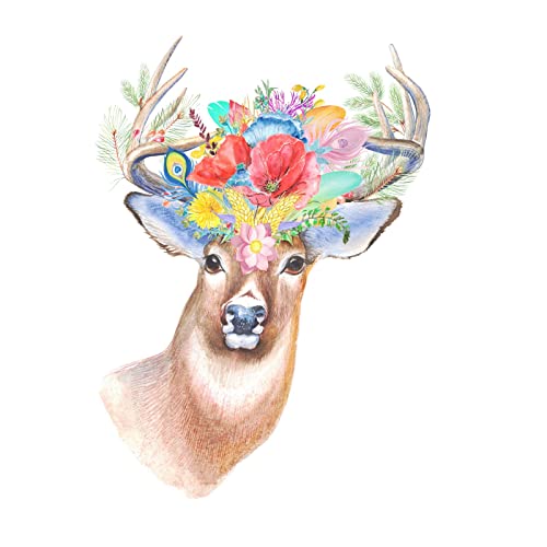 Tableau cerf et fleurs en toile imprimée art nature 60x78 cm
