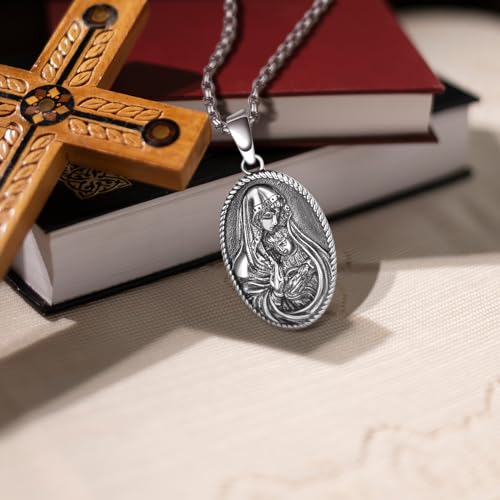 Religious Necklace 925 Sterling Silver Virgin Mary and Jesus Necklace Medal Pendant Protection Amulet for Men Women2