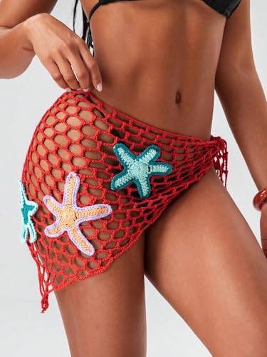 Image of ZAFUL Sarong Coverups for Women Beach Vacation Fishnet See Thru Tie Side Bathing Suit Cover Up Mini Skirt