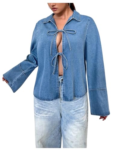 Floerns Women's Plus Size Bow Tie Front Denim Jacket Long Sleeve Going Out Jean Tops