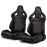 ModifyStreet Black w/Red Stitching C-Series PVC Reclinable Left/Right Racing Seats Pair