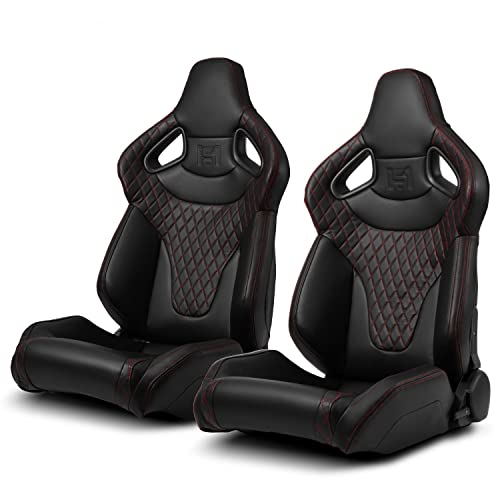 ModifyStreet Black w/Red Stitching C-Series PVC Reclinable Left/Right Racing Seats Pair
