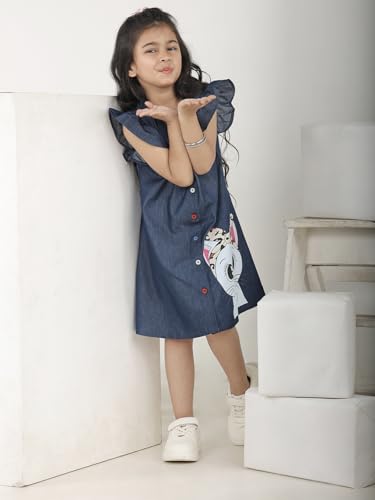 Image of superminis Girls Denim Solid Color Half Sleeves Dress with Embroidered Pocket (1 Dress)