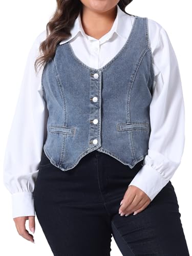 Agnes Orinda Plus Size Denim Vest Top for Women Button Down Waistcoat Casual Sleeveless Jean Jacket Vests