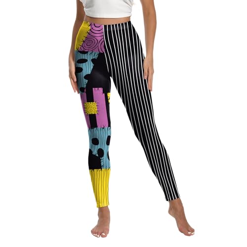 Flaminet Womens Sally Cosplay Halloween Leggings Stretchy Nightmare Patchwork Printed Costume Tights