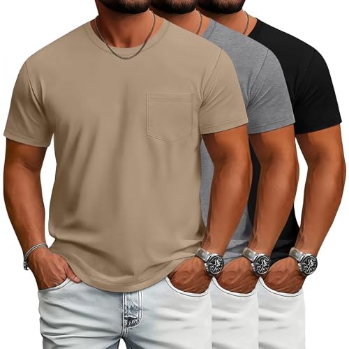 Ficerd 3 Pack Men's Big and Tall T Shirt, Short Sleeve Pocket Cotton Tee Crew Neck Lightweight Tops Solid Loose Fit Shirts
