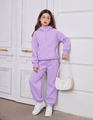 Image of Arshiner Girls 2 Piece Outfits Sweatsuit Half Zip Sweatshirt and Sweatpants | Fall Winter, Drop Shoulder Long Sleeve, Thumbhole Hoodies, with Sweatpant, Jogger Set, Sweat Set, Tracksuits with Pockets
