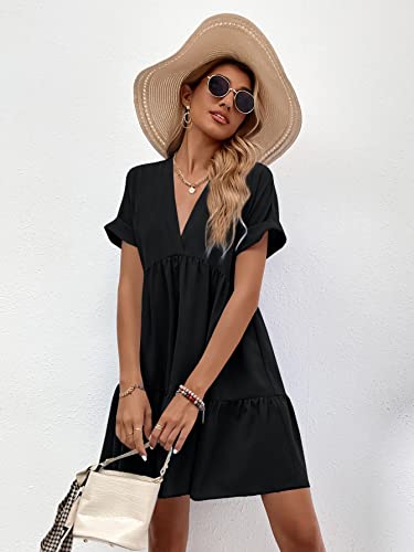 Image of WDIRARA Women's Roll Up Short Sleeve V Neck Ruffle Hem Solid Swing Smock Dress