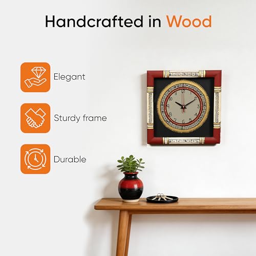 Image of AAKRITI ART CREATIONS Wall Clock Handcrafted Warli Art Dial with Glass Frame Black, Red | Wall Clock for Home, Home Decoration | Lightweight Wooden wall Decor | Matte Finish