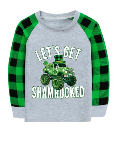 St Patricks Day Shirt for Toddler Boy 's Green Plaid Long Sleeve Let's Get Shamrocked Monster Truck Clothes Tops Kids Irish Outfits Tshirt 7T