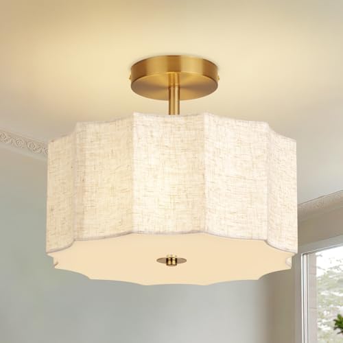 HILUXIA 13 Inch Modern Linen Petal Ceiling Light Fixture, Semi