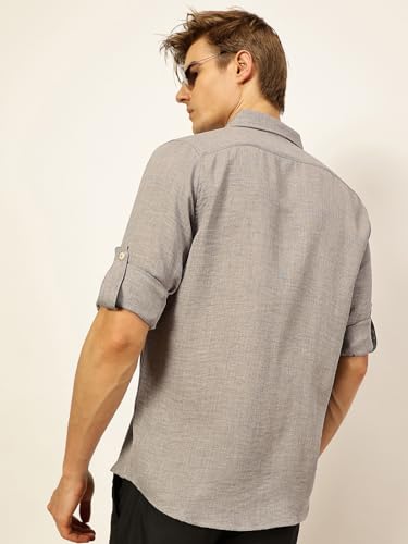 Image of Thomas Scott Men's | Solid | Textured Fabric | Full Sleeve | Slim Fit | Polyester-Blend | Spread Collar | Casual Shirt