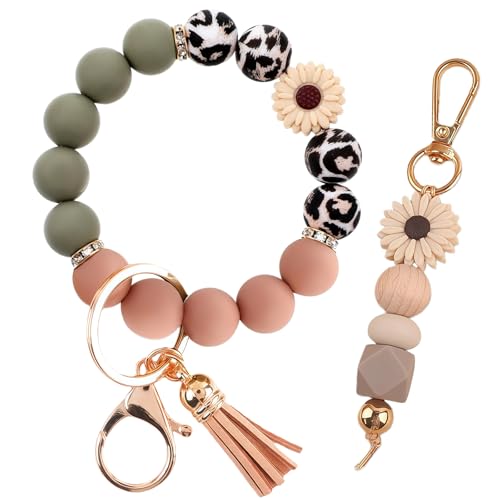 Qubusm Bracelet Key Ring Set, Cute Car Key chain Wristlet, Silicone Beaded Bangle keyChains for Women Girls