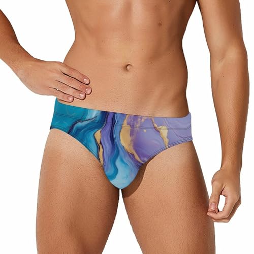Purple Blue and Gold Marble Abstract Mens Swim Briefs Quick Dry Swim Trunk Bikini Underwear Swimsuit