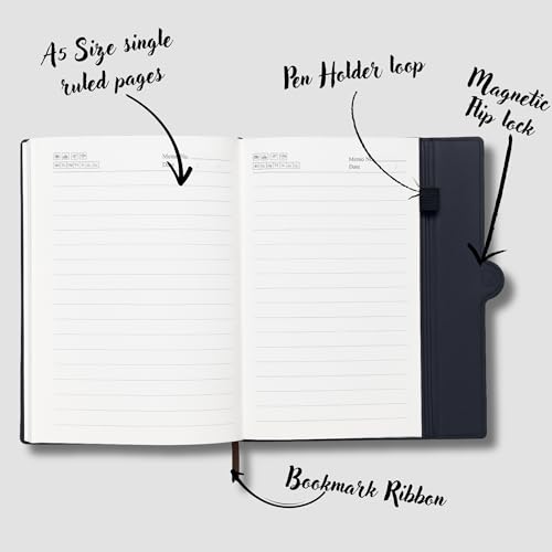 Image of A5 Journal Notebook Diary for Men Women | Office Journal Diary Notebook with Magnetic Flip Lock and Mobile Holder Pocket (200 Ruled Pages, 6 x 8.5 Inches, 80 GSM) (Round Mag. Black)