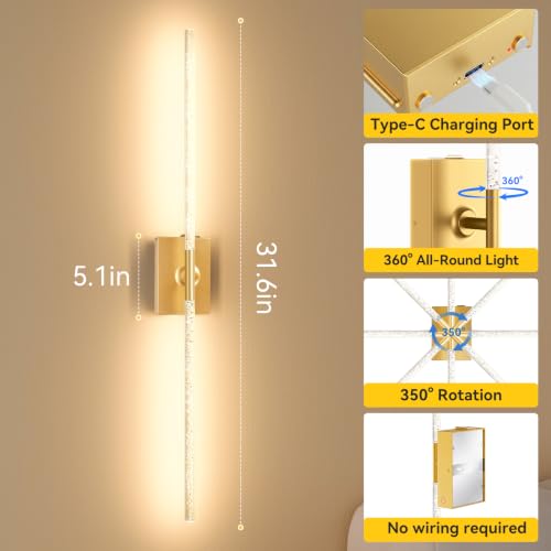 Image of Battery Operated Wall Sconces Set of 2, Remote, 10000mAh, Gold, Bubble