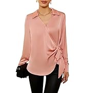 GRACE KARIN Women's Satin Silk Blouses Wrap V Neck Shirts Long Sleeve Elegant Tie Waist Office Fo...